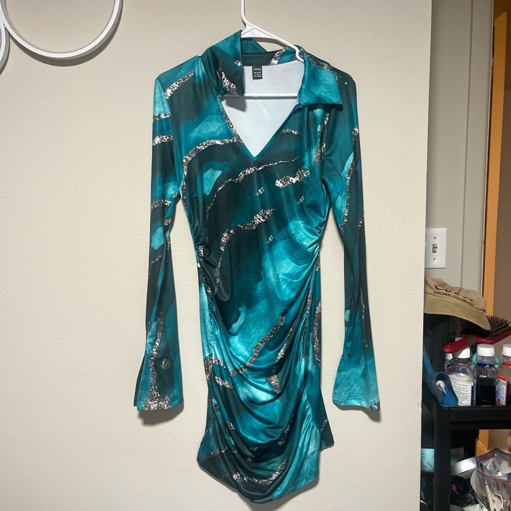 Teal Long Sleeve Dress with Silver Accents